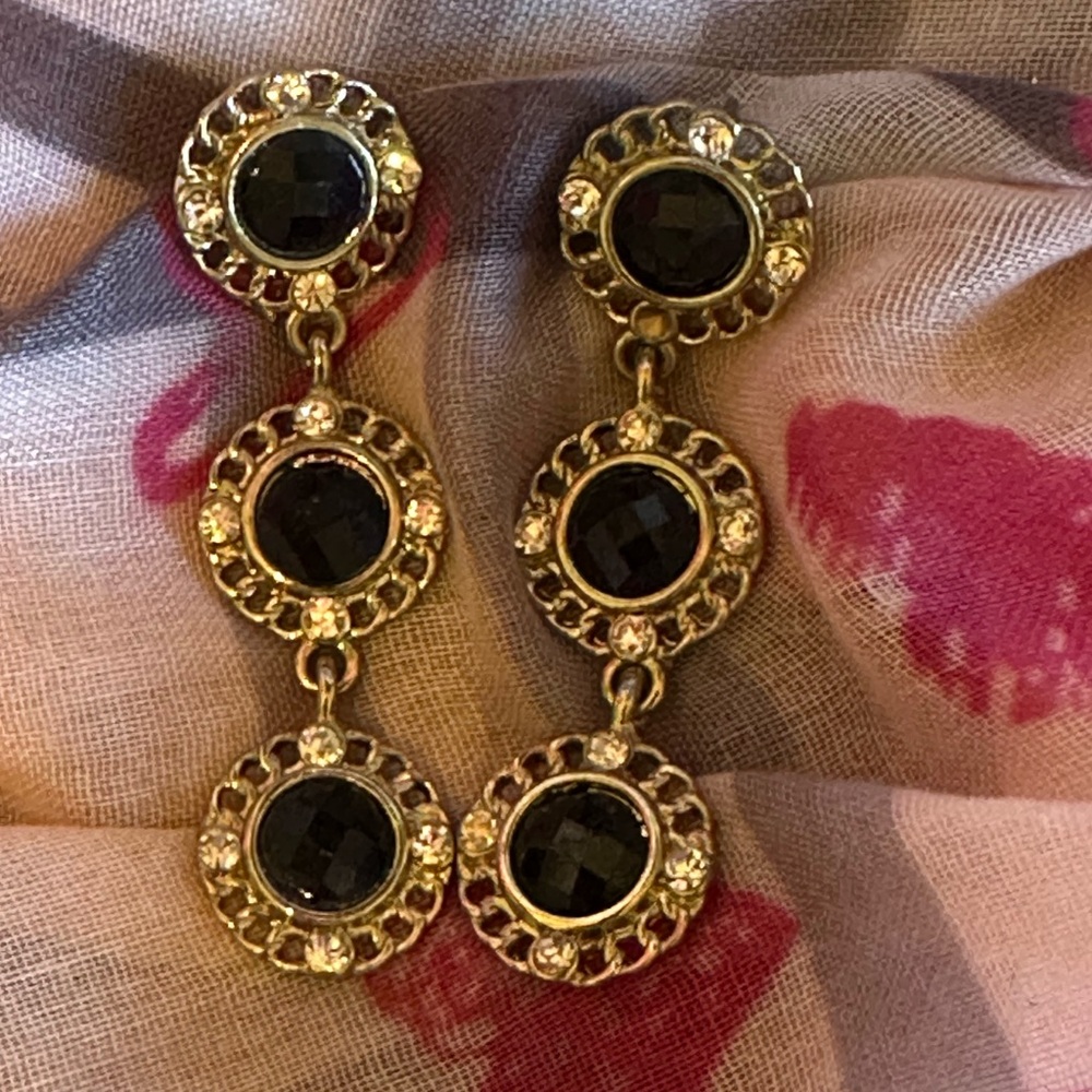 Vintage Dangle 3-tier Diamond Cut Black Bead & Rhinestone Earrings